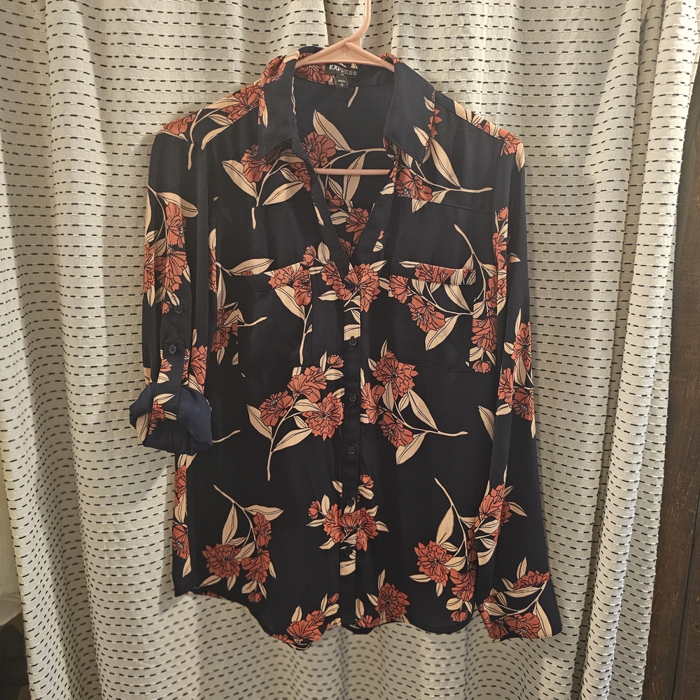 Express Navy and Red Floral Button Down Shirt